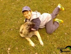 A smiling child lying on the grass and playing with a big puppy.