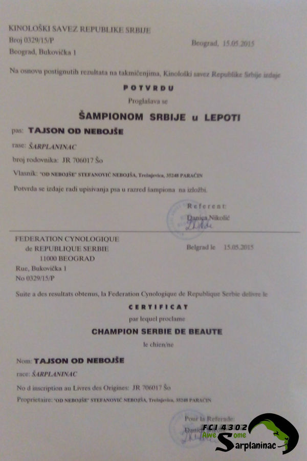 Sarplaninac Certificate