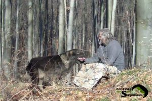 A big dog named Leo sitting with his breeder in the mountains during a sunny day.