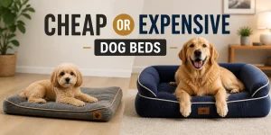 Small Maltese dog on a cheap dog bed vs Golden Retriever on a premium durable dog bed indoors