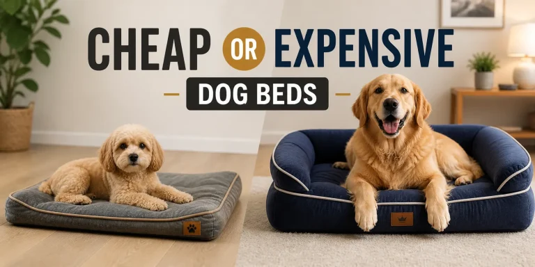 Small Maltese dog on a cheap dog bed vs Golden Retriever on a premium durable dog bed indoors