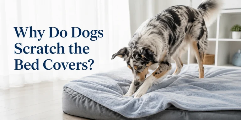 Australian Shepherd scratching a soft dog bed cover before sleeping indoors