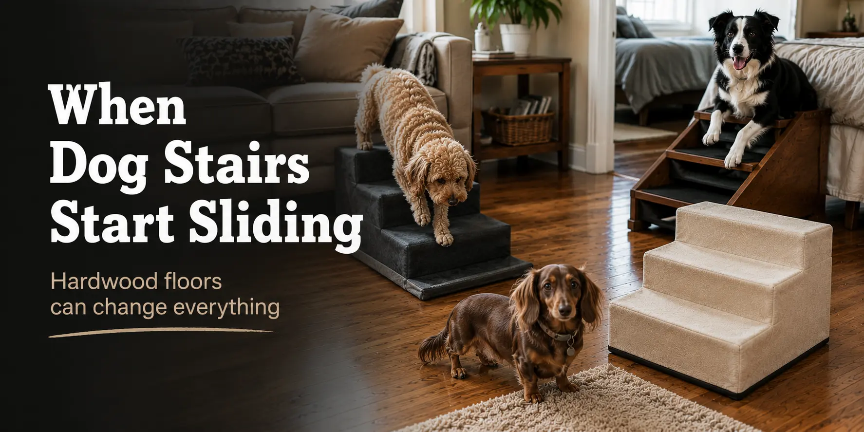 Goldendoodle, Dachshund female, and Border Collie using different dog stairs on hardwood floors inside a living room.