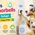 Two dogs using a wireless dog doorbell with simple no-app setup near a home door