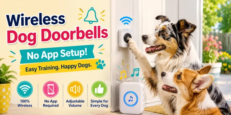Two dogs using a wireless dog doorbell with simple no-app setup near a home door