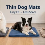 Samoyed, Border Collie, and Yorkshire Terrier lying on thin dog bed mats indoors.