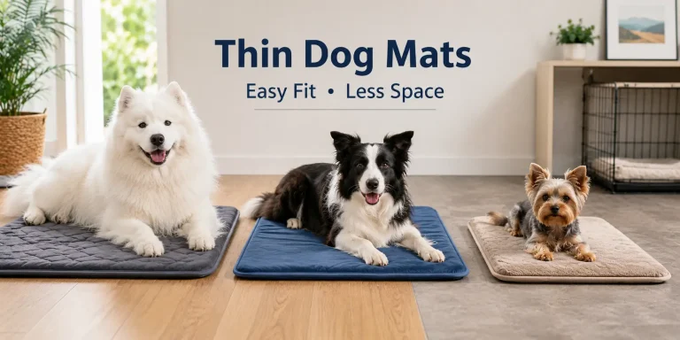Samoyed, Border Collie, and Yorkshire Terrier lying on thin dog bed mats indoors.
