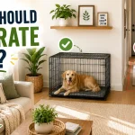 Dog crate placement guide in a small home showing good and bad crate locations in a living room with a dog resting inside a crate.