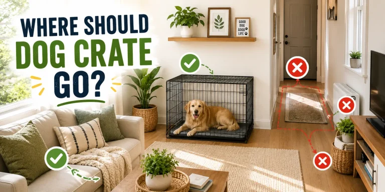 Dog crate placement guide in a small home showing good and bad crate locations in a living room with a dog resting inside a crate.
