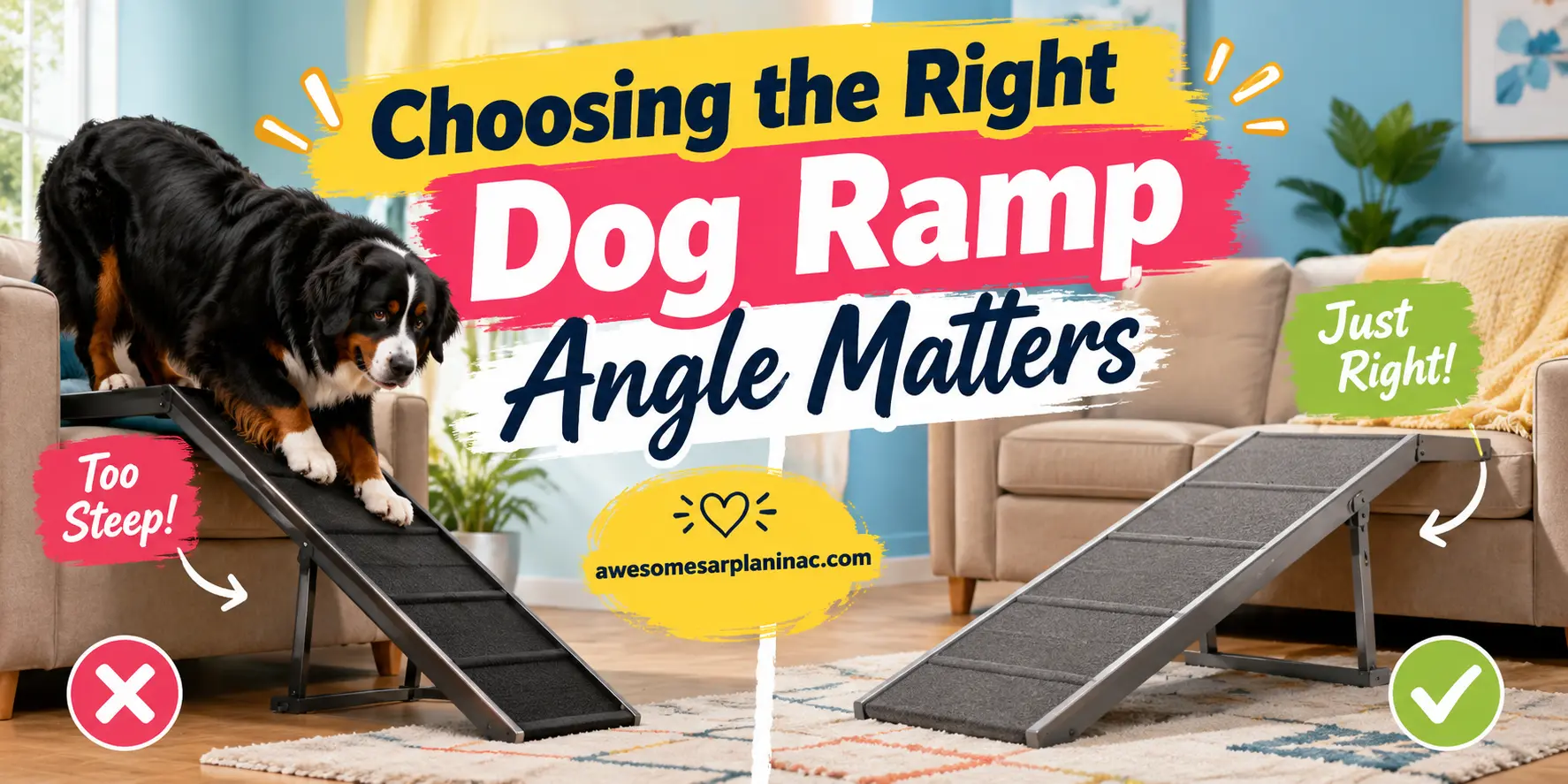 Bernese Mountain Dog comparing a steep dog ramp and a safer gradual ramp inside a living room.