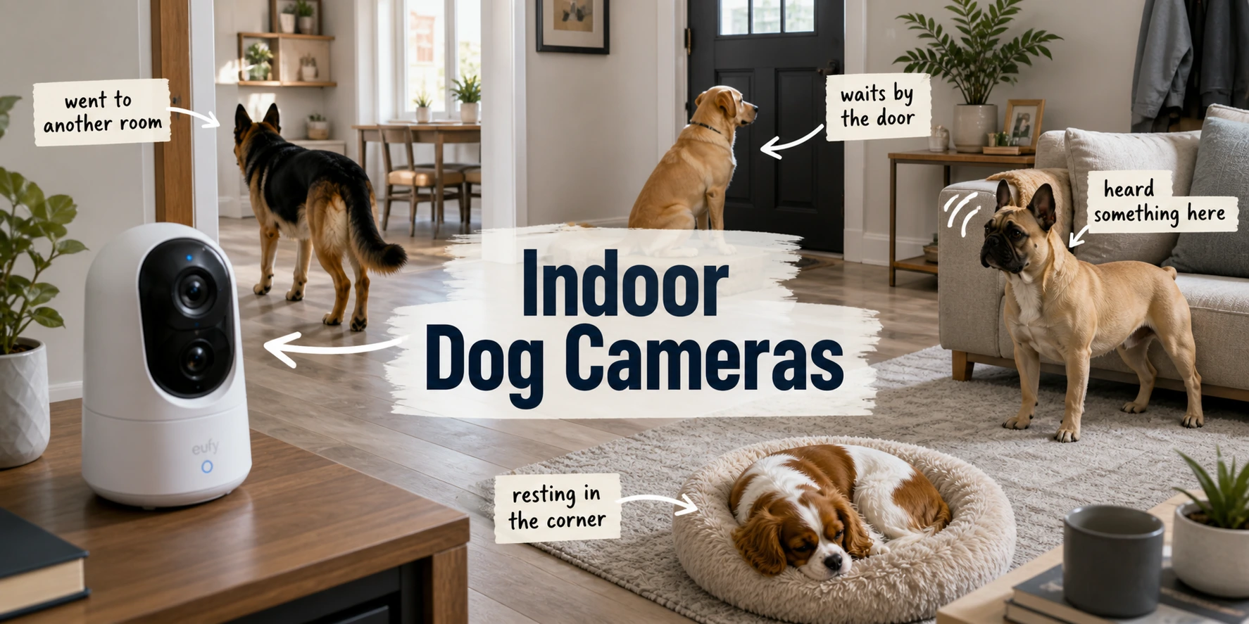 German Shepherd, Labrador, French Bulldog, Cavalier, indoor dog camera in home