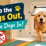 Golden retriever beside a pet door with insects kept outside the house