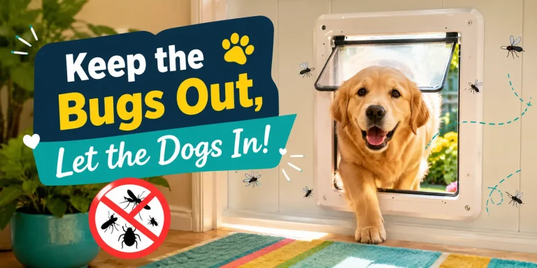 Golden retriever beside a pet door with insects kept outside the house