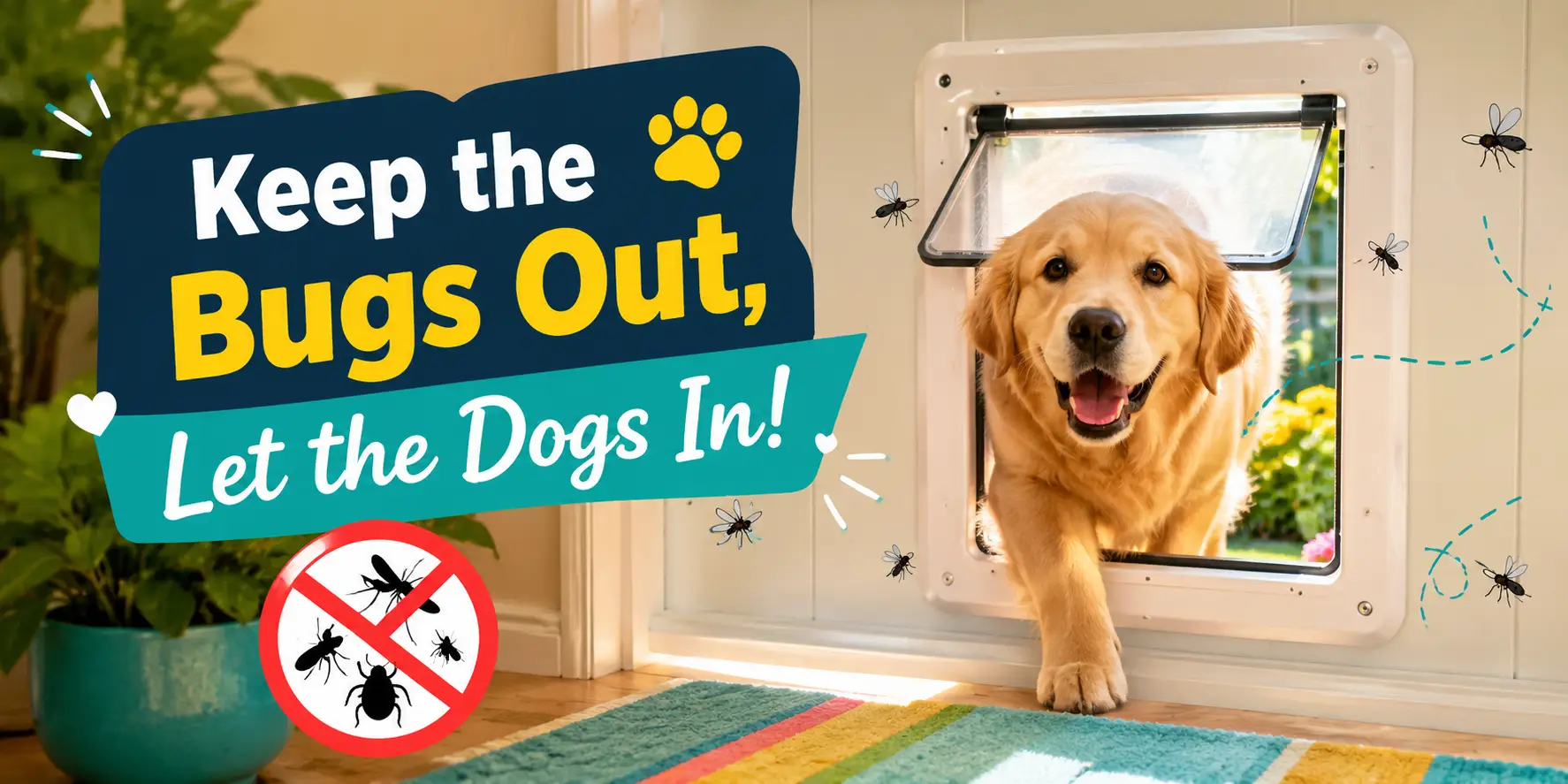 Golden retriever beside a pet door with insects kept outside the house
