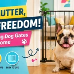 French Bulldog sitting in front of a black space-saving dog gate inside a colorful apartment hallway