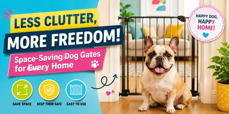 French Bulldog sitting in front of a black space-saving dog gate inside a colorful apartment hallway