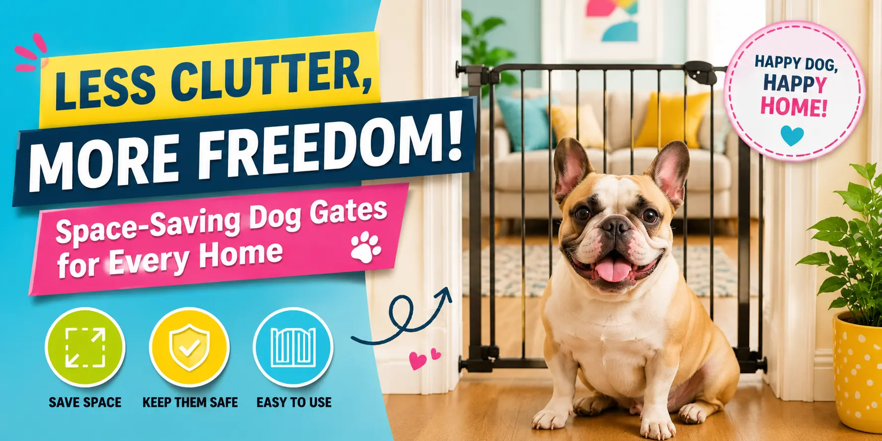 French Bulldog sitting in front of a black space-saving dog gate inside a colorful apartment hallway