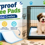 Shih Tzu puppy sitting inside black wire dog crate with waterproof pee pad in bright indoor training room