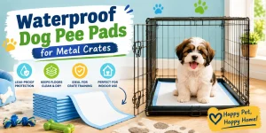 Shih Tzu puppy sitting inside black wire dog crate with waterproof pee pad in bright indoor training room