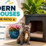 Modern dog house on a patio with a French Bulldog sitting beside a space-saving outdoor kennel surrounded by colorful flowers and patio furniture.
