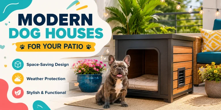 Modern dog house on a patio with a French Bulldog sitting beside a space-saving outdoor kennel surrounded by colorful flowers and patio furniture.