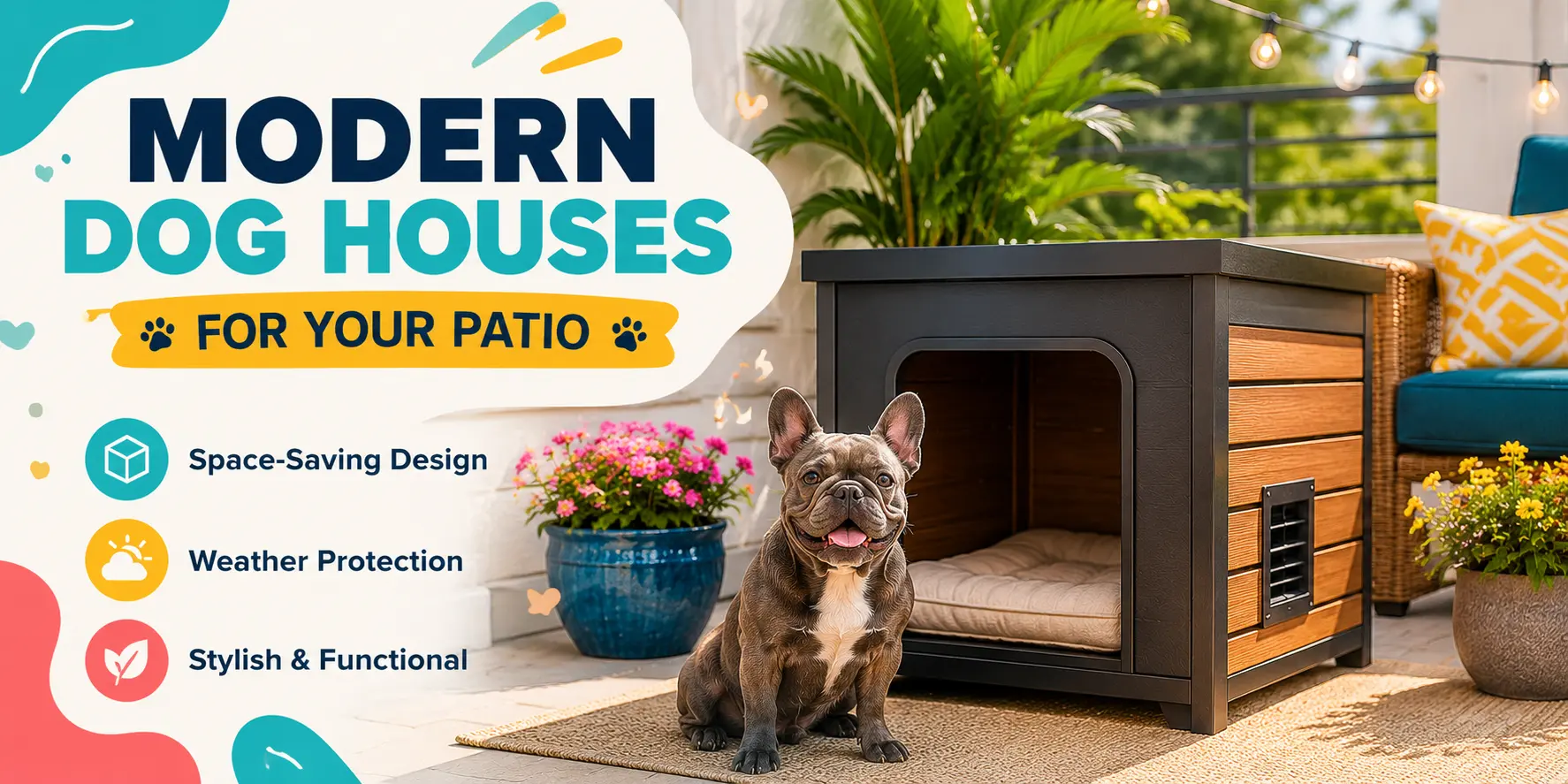 Modern dog house on a patio with a French Bulldog sitting beside a space-saving outdoor kennel surrounded by colorful flowers and patio furniture.