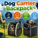 Senior dogs riding comfortably in different dog carrier backpacks during hiking and outdoor activities, showing ventilation, comfort, safety, and support features for older dogs.