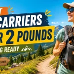 Miniature Dachshund in a lightweight front dog carrier on a mountain trail, highlighting dog carriers under 2 pounds for hiking.