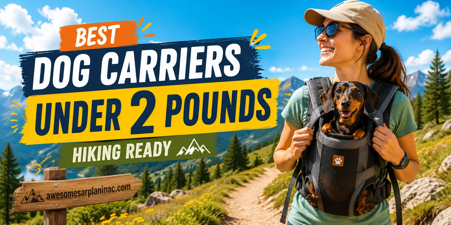 Miniature Dachshund in a lightweight front dog carrier on a mountain trail, highlighting dog carriers under 2 pounds for hiking.