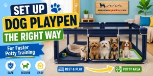 Colorful dog playpen setup for potty training small breed puppies, featuring a Chihuahua, Toy Poodle, Maltese, Yorkshire Terrier, and Cavalier King Charles Spaniel with separate sleeping and potty areas indoors.