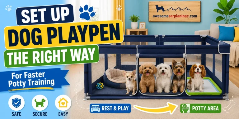 Colorful dog playpen setup for potty training small breed puppies, featuring a Chihuahua, Toy Poodle, Maltese, Yorkshire Terrier, and Cavalier King Charles Spaniel with separate sleeping and potty areas indoors.