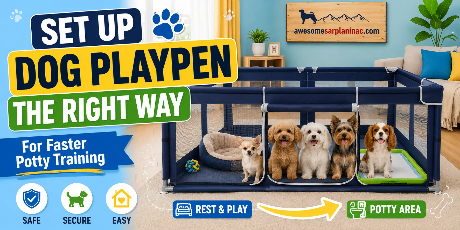Colorful dog playpen setup for potty training small breed puppies, featuring a Chihuahua, Toy Poodle, Maltese, Yorkshire Terrier, and Cavalier King Charles Spaniel with separate sleeping and potty areas indoors.
