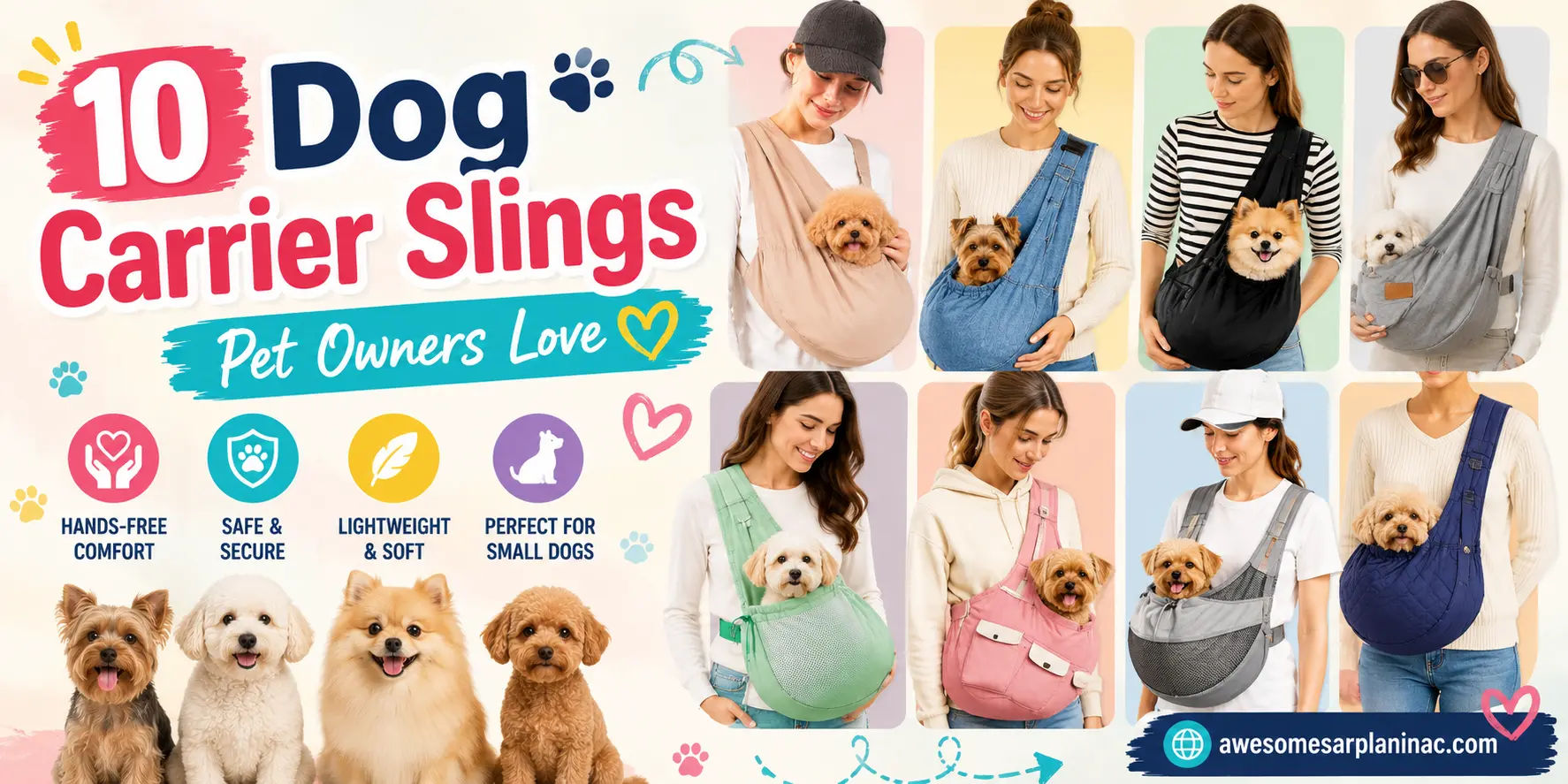 Collection of dog carrier slings for small dogs featuring multiple hands-free sling carrier styles with adjustable straps for travel, walks, and everyday use.