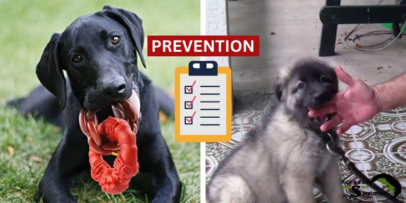 A black dog chewing a red rubber toy and a puppy being taught boundaries to prevent biting.