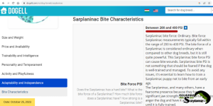Screenshot of Dogell website claiming Sarplaninac bite force is between 200 and 400 PSI