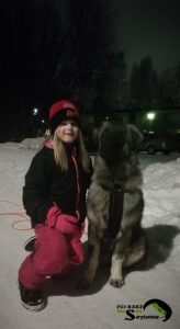 Young girl in winter gear posing with a calm Sarplaninac dog in the snow at night.