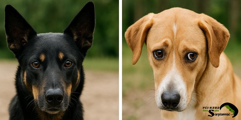 Comparison of a distrustful dog with intense focus and a fearful dog with worried eyes.