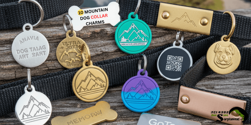 A collection of the top 10 durable mountain dog collar charms including brass, stainless steel, silent silicone tags, and QR code IDs displayed on a rustic wooden background.