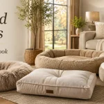 Luxury style dog bed pillows in a cozy modern living room
