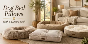 Luxury style dog bed pillows in a cozy modern living room