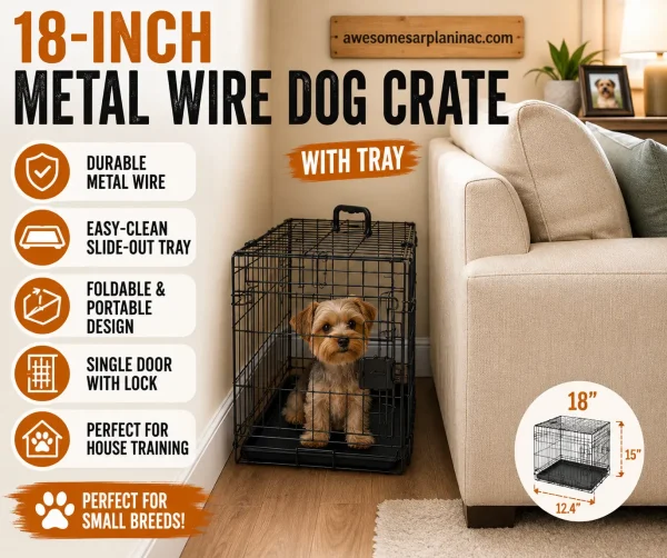 Black 18-inch metal wire dog crate with a removable slide-out tray and secure locking door, placed behind a sofa in a living room. Features a Yorkshire Terrier sitting comfortably inside the compact crate designed for small breeds.