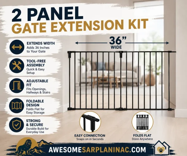 Black 2 panel dog gate extension kit for wide doorways, hallways, and apartment openings with foldable adjustable design