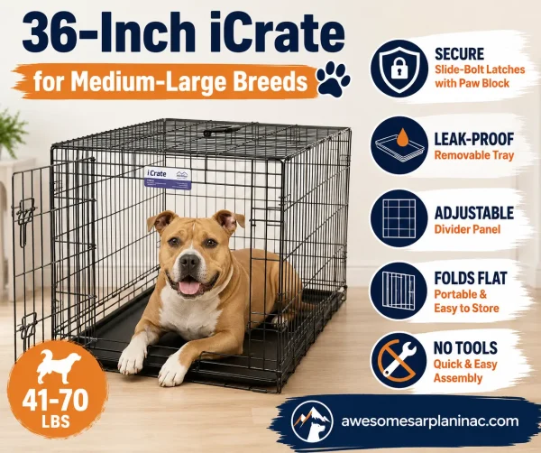 36-inch MidWest iCrate single-door folding dog crate with leak-proof tray and divider panel, shown with an American Pit Bull Terrier-type dog inside.
