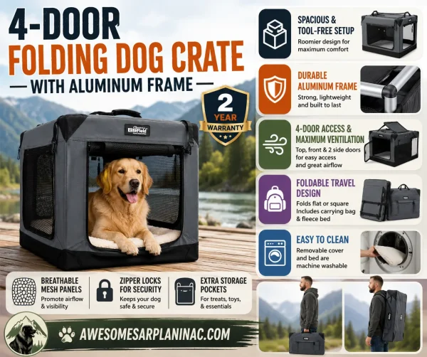 4-door folding soft dog crate with an aluminum frame, mesh ventilation, zipper locks, washable fleece bed, carrying bag, and tool-free setup. Portable design for travel, camping, and home use.