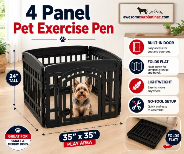 Black 4 panel pet exercise pen with built-in door and Yorkshire Terrier puppy inside a secure indoor play area