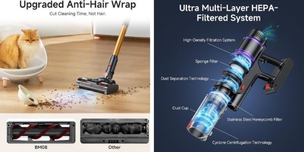 Frecaer 550W cordless vacuum with anti-tangle brush and 50Kpa suction for removing heavy dog hair from floors.