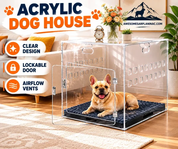 Acrylic dog house with an open lockable door and ventilation panels, featuring a French Bulldog resting on a cushion in a modern living room.