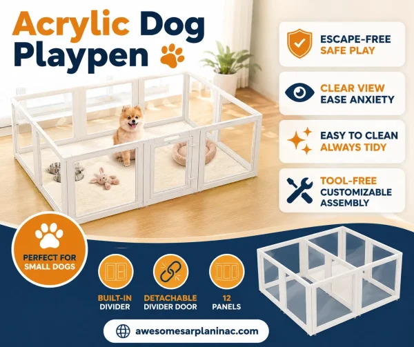 Acrylic Dog Playpen for Small Dogs with Divider and Clear Panels