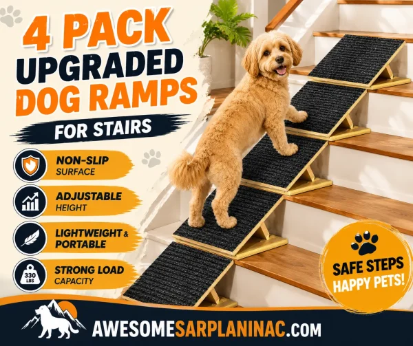Cockapoo dog using adjustable non-slip wooden dog ramps placed on indoor stairs