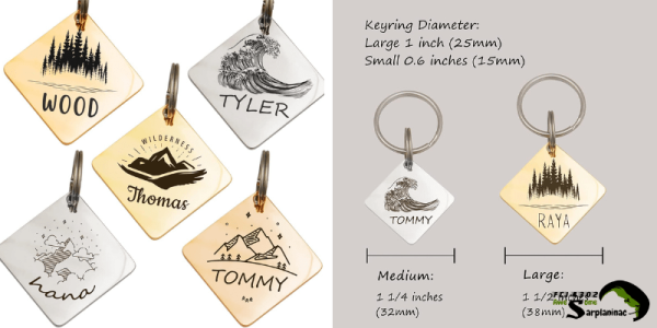 Close-up of diamond-shaped, steel-reinforced Anavia dog ID tags, showing customization options and key ring sizes.